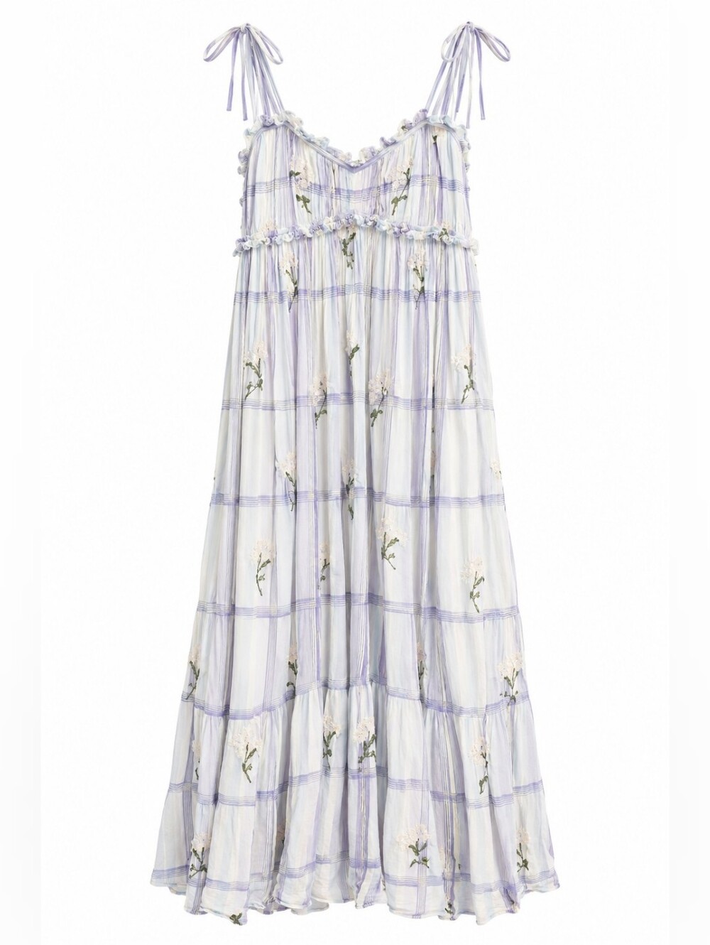 RARE Free People Willow Maxi Dress Softwater Embroidered Plaid Tie Strap, M